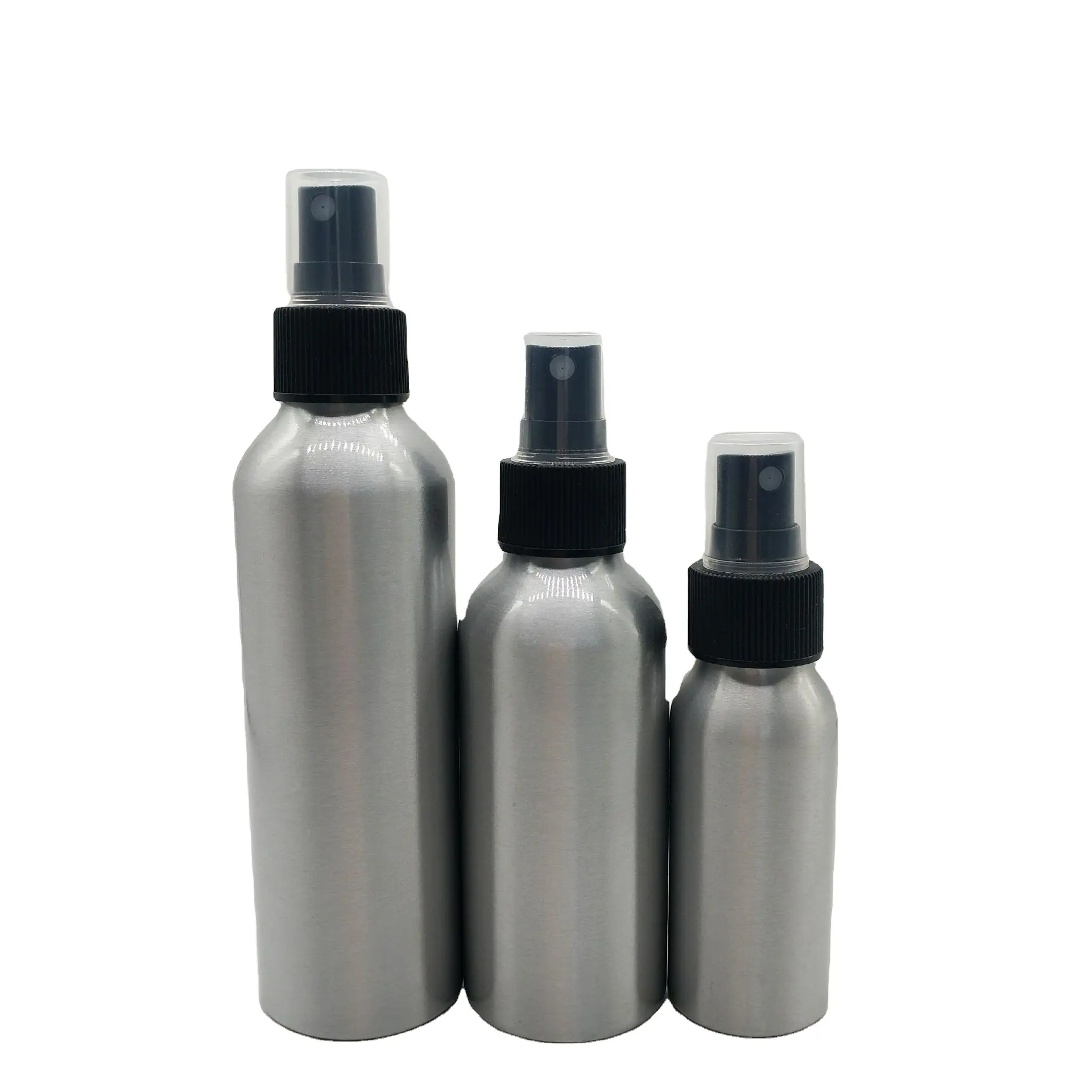 Botella metálica cosmética 1oz 30ml 50ml 60ml 120ml 150ml 250ml botella de aluminio botella de spray de aluminio con tapa de pulverizador de plástico