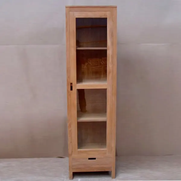 Estantería de madera de teca para muebles de sala de estar, 1 puerta de vidrio y 1 cajón