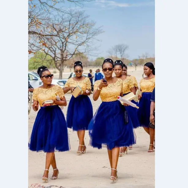 Vestidos formais tamanho grande, vestido de festa de casamento dourado azul marinho manga curta africano vestidos de madrinha de casamento mbla517