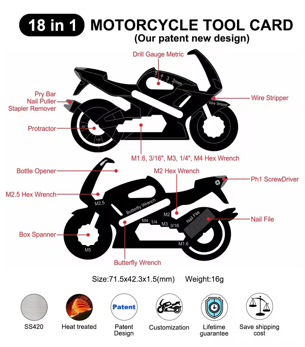Outil de carte en forme de moto 18 en 1