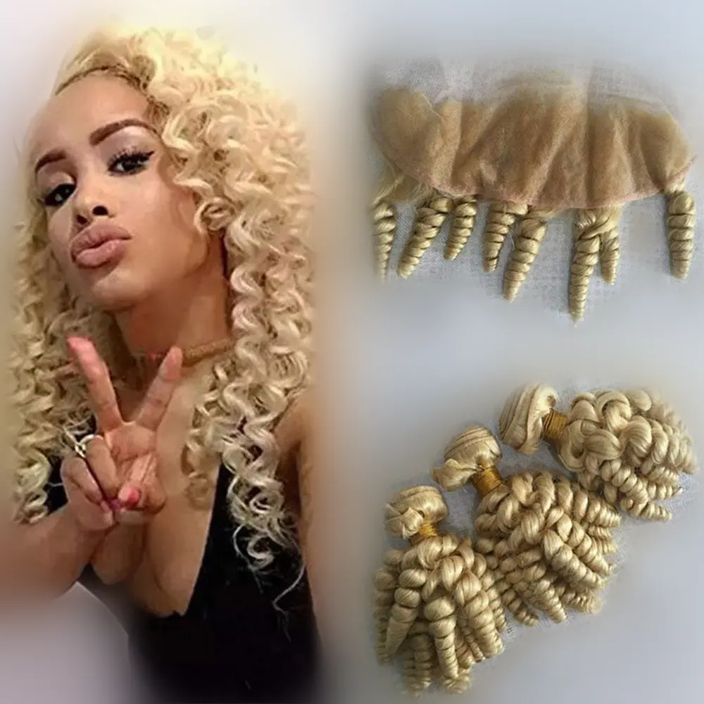 Venda por atacado de cabelo loiro sem processado cabelo cru virgem brasileiro humano encaracolado 613 pacotes com 13x4 frontal