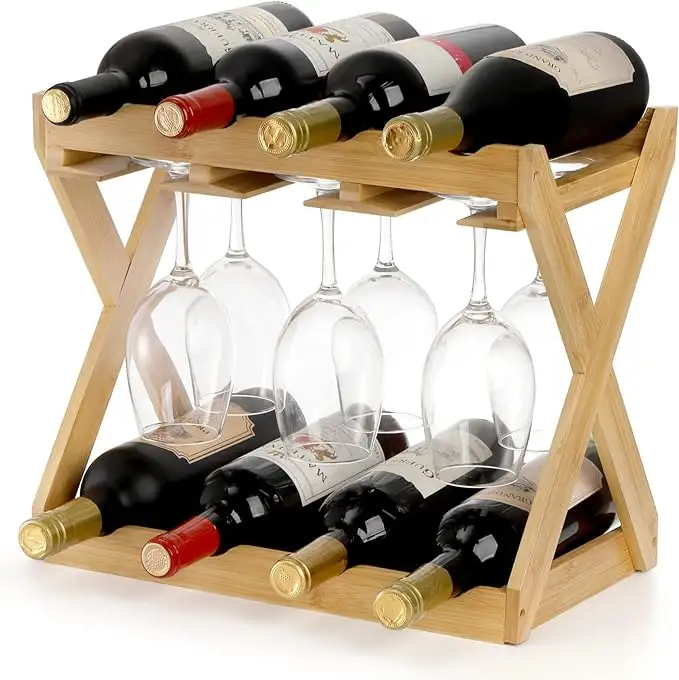 Estante de copas de vino de encimera de bambú de 2 niveles para 8 botellas y 6 vasos de vástago con bandeja portabotellas