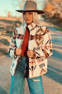 2024 Vintage batı kadının kış ceket bej baskılı Navajo Aztec Polyester astar sonbahar ceket ile boyun Zip-up standı - Product Image 2