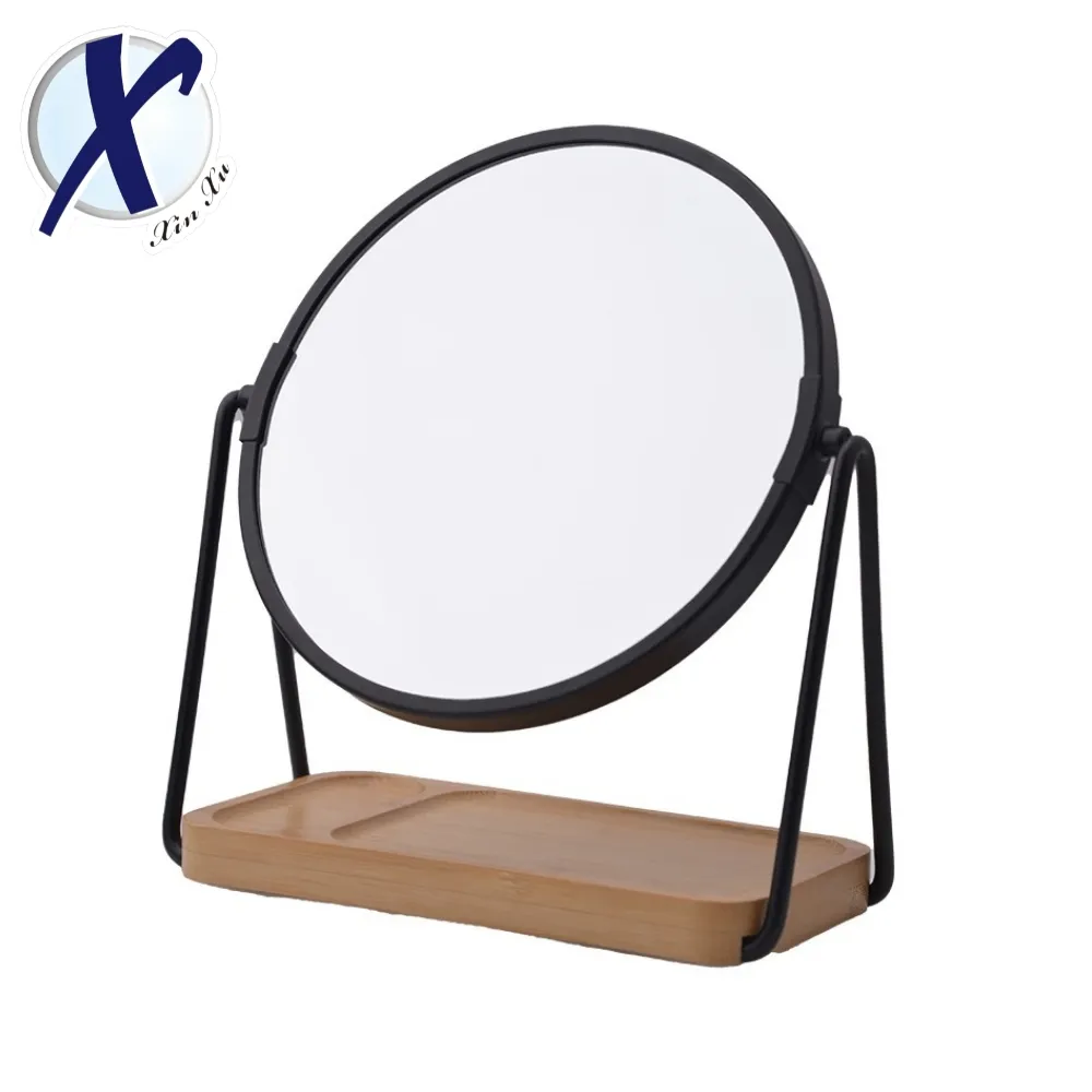 Espejo circular de madera de bambú para maquillaje, doble cara, marco de Metal, fabricantes de productos de maquillaje