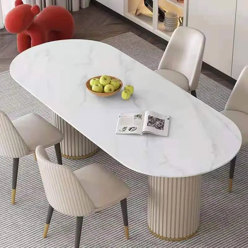 Modern Oval mermer yemek masası krem yemek odası takımı Nordic ev yaratıcı yemek masası ve sandalye kombinasyonu