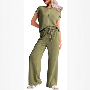 Kadın 2025 yaz salonu setleri için gevşek Fit yarım kollu üstleri ve geniş bacak pantolon ile katı desen rahat eşleşen kıyafetler - Product Image 6