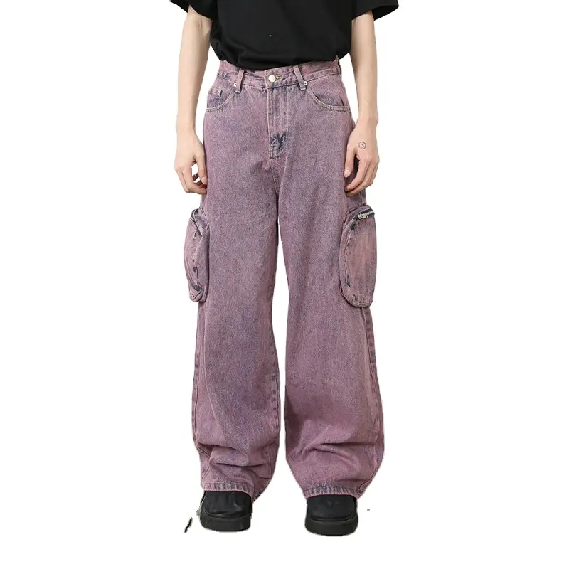 XINEN Retro กระเป๋าขนาดใหญ่คนขี้เกียจกางเกงคาร์โก้ผู้ชายหลวมหลายกระเป๋ากางเกงแฟนสีชมพูกางเกงยีนส์ด้อย