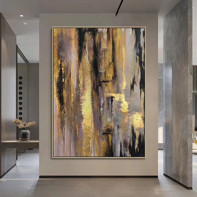 Opera d'arte di lamina d'oro fatta a mano di grandi dimensioni di lusso moderna pittura a olio astratta Wall Art per soggiorno