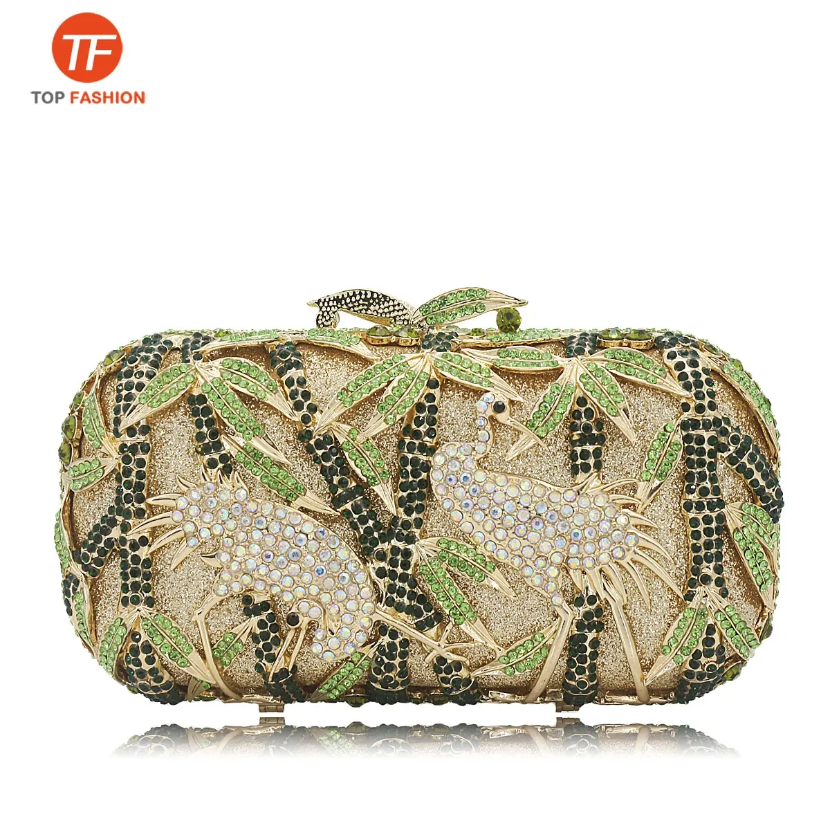 Luxury Crystal Rhinestone Box Clutch Evening Bag in Pattern of Bamboo with Crane Wholesales from Factory