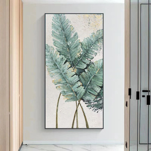 工場カスタム壁画純粋な手作りの金と緑のキャンバス垂直フレスコポーチ絵画葉の壁アートポスターと家の装飾 - Product Image 1