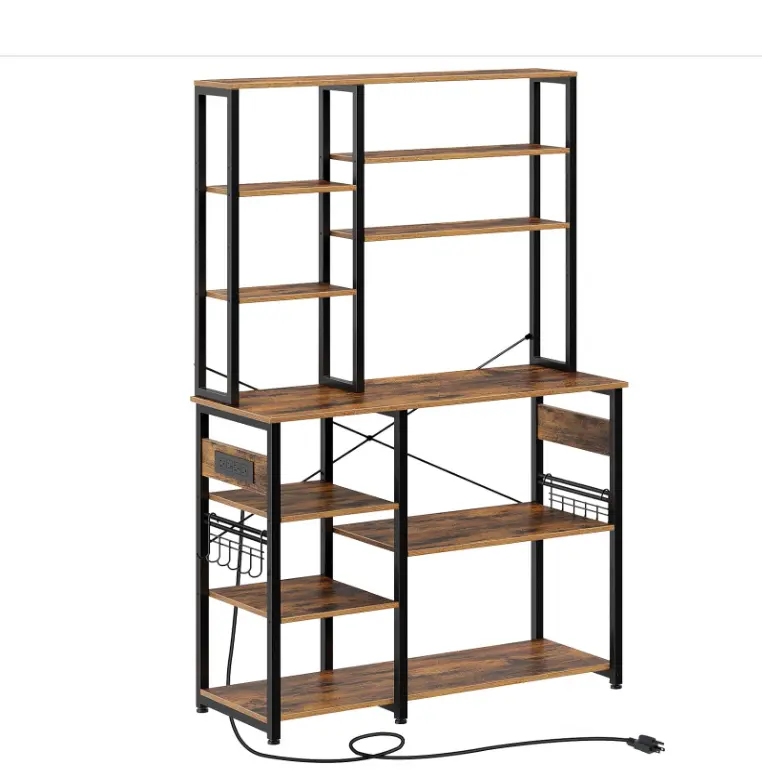 Étagère de rangement utilitaire de cuisine de Baker's Rack10-Tier avec 15 crochets Grand support de cuisine avec prise de courant Support de four à micro-ondes