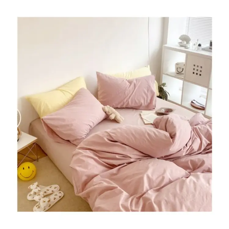 Wholesale Luxury pink bed linen 300TC 400TC satin cotton duvet cover solid color hotel bedding queen size for home