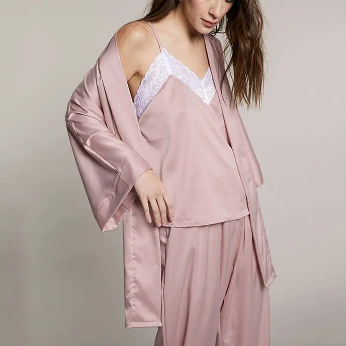 Conjunto de pijama corto de satén para mujer personalizado con pantalones de seda, pijama para mujer, camisón de encaje de talla grande/