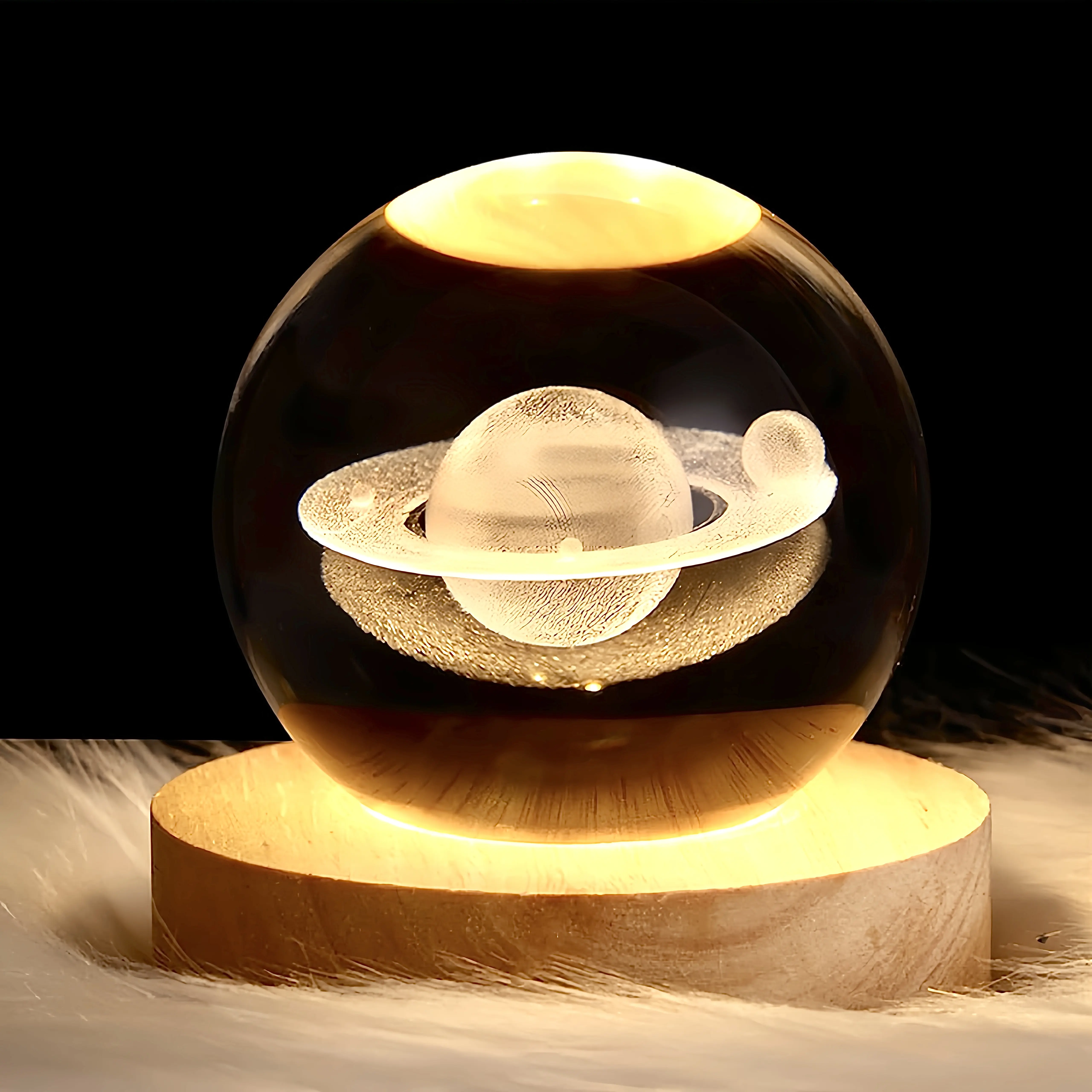 Crystal Ball 3D Caving Night Light Saturn Lamp Planet Lamp Crystal LED Galaxy Nightlight with Wood Base for Bedroom Decor