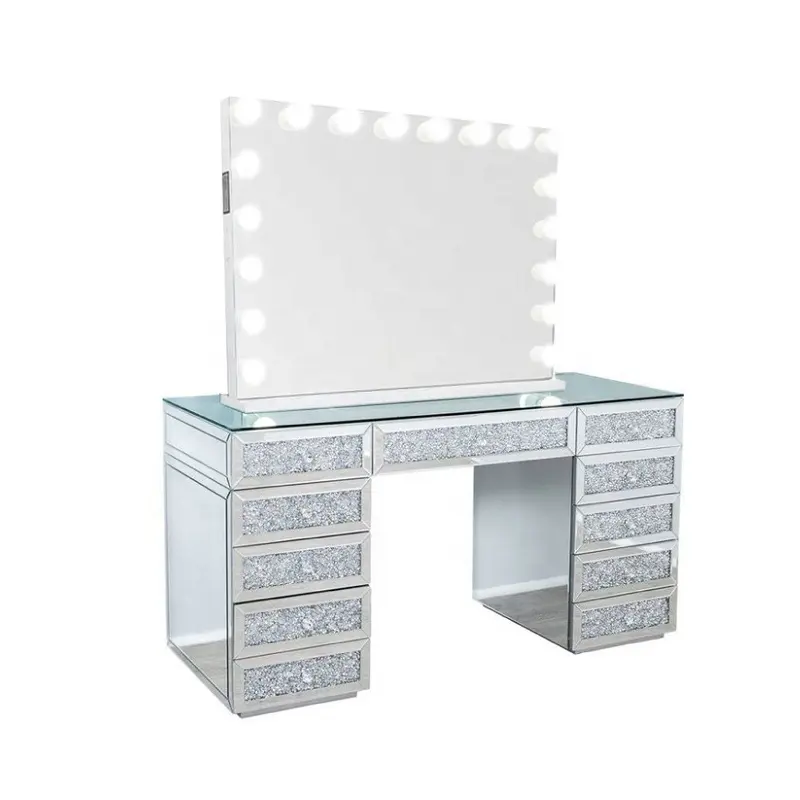 Brilhante diamante triturado quarto móveis meninas vidro top vanity vestido com espelho iluminado