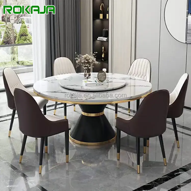 Mesa de jantar redonda luxuosa com centro giratório, base de aço carbono, mesa de jantar de mármore, conjunto de 10 lugares