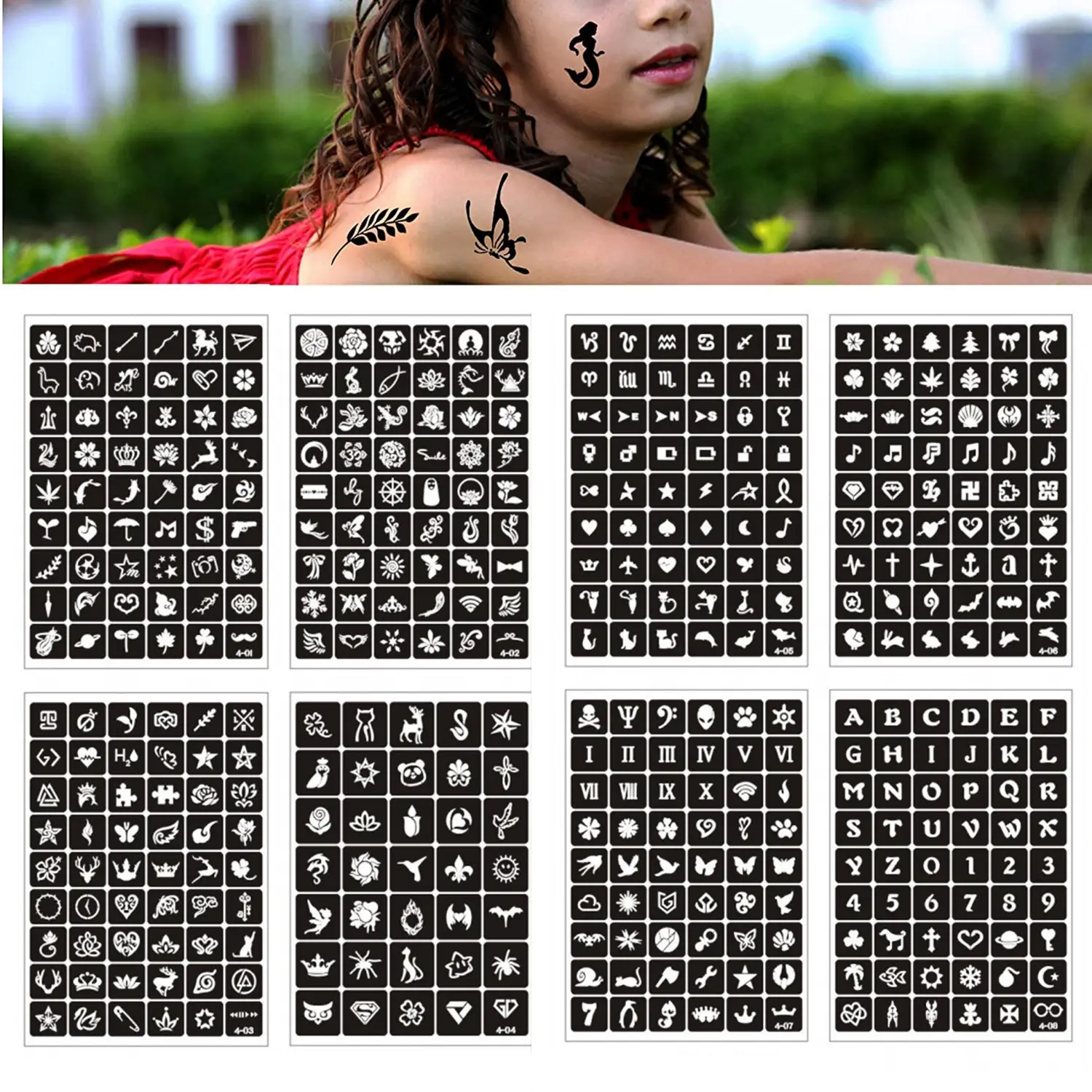 Schwarze Farbe A4 Größe Maßge schneiderte Mehndi Aufkleber PVC Henna Tattoo Aufkleber Arabisch Henna Schablonen Aufkleber für Hände Vorlage