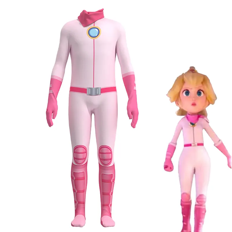 2024 grosir dewasa gadis Halloween Cosplay permainan samaran karakter putri Peach Pink seragam Jumpsuit kostum Anak