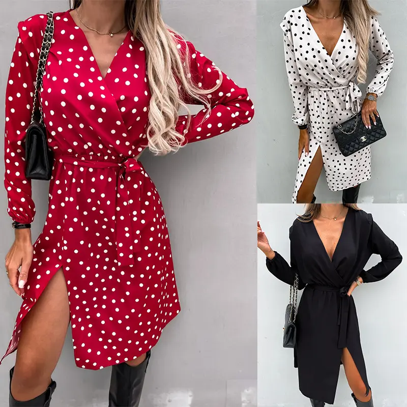 Nueva llegada de las mujeres de moda de manga larga de punto impreso Casual Midi camisa vestidos de las mujeres