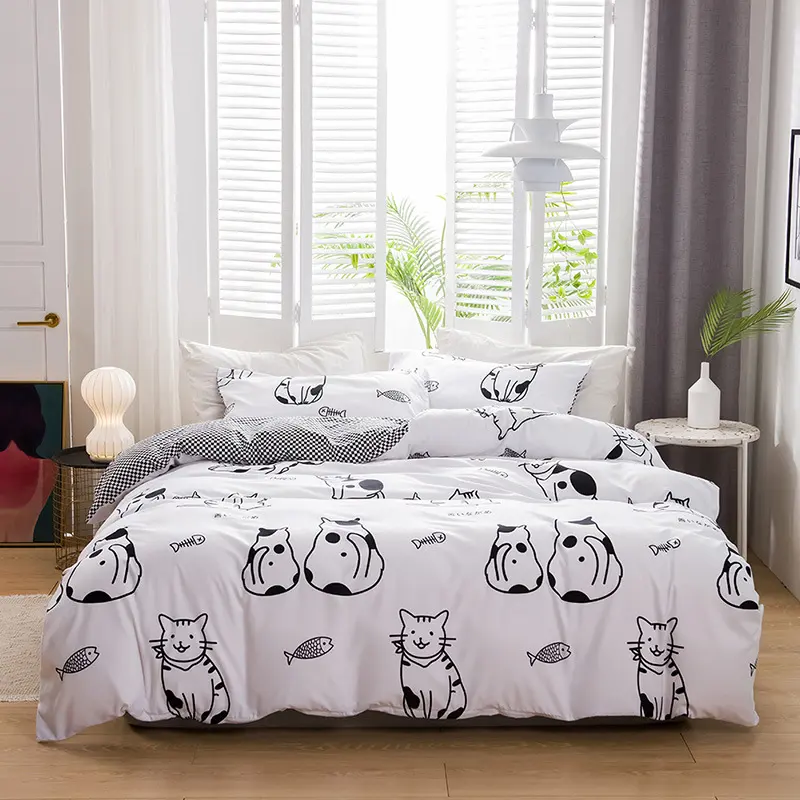 Nhật bản-phong cách phim hoạt hình đơn giản Mèo Bộ đồ giường in Quilt Cover Gối Ga Trải Giường bốn mảnh Polyester