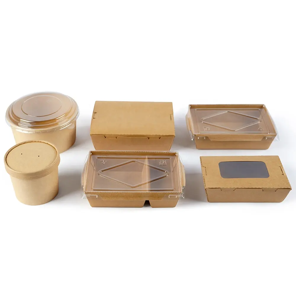 Boîte à déjeuner en papier kraft, pièces, bon marché, avec couvercle, pour la salade au poulet, soupe et repas, bento