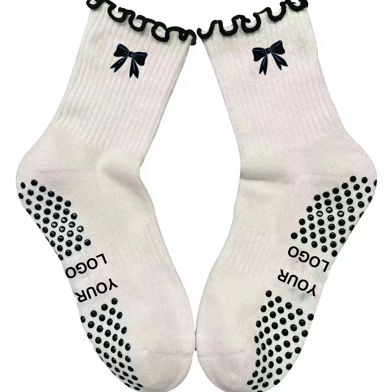 Diseño personalizado Pilates mujeres antideslizante bordado agarre algodón volante calcetines antideslizante Yoga Pilates Calcetines