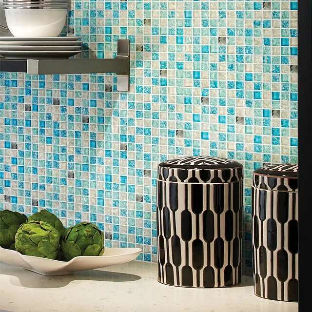 KASARO Mosaicos de Cristal para Baño, Azulejo de Piscina Azul con Patrón Moderno