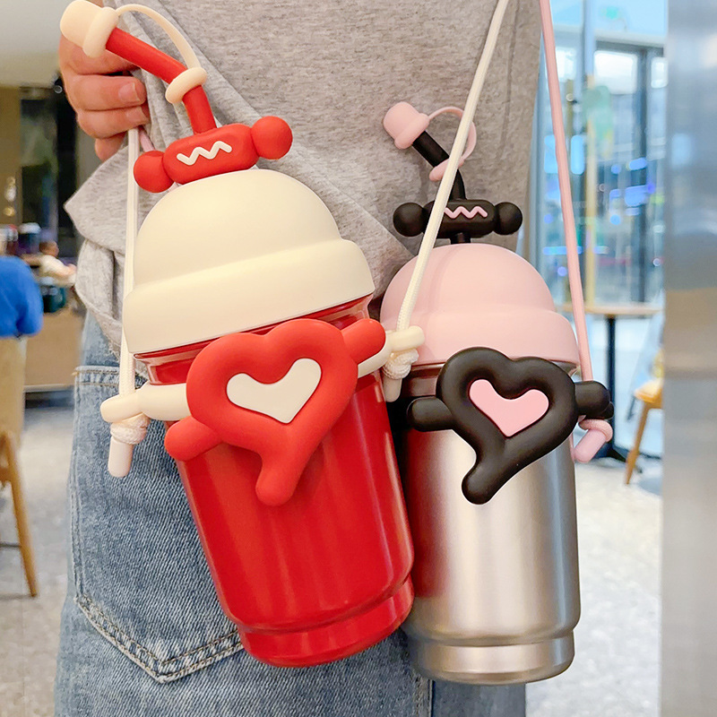 Seaygift 700ml <strong>love</strong> Heart Design Double Wall Stainless Steel Vacuum Coffee Tumbler <strong>Cup</strong> Girls Thermal Insulation Water Bottle - Product Image 1