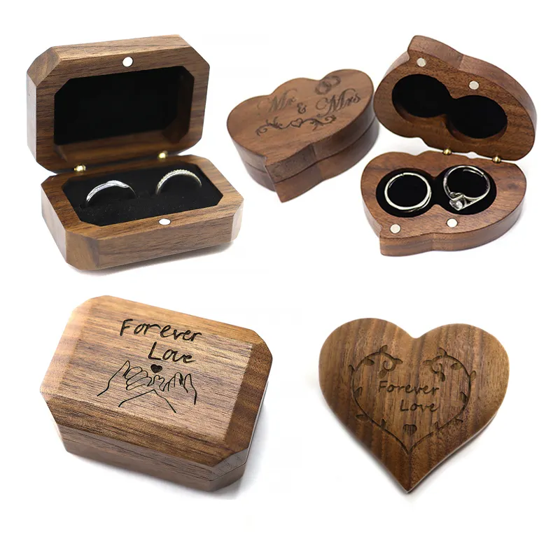 Caja de madera con forma de corazón de amor personalizada, caja de madera de nogal para exhibición de joyería, caja de almacenamiento dulce romántica de aniversario con logotipo