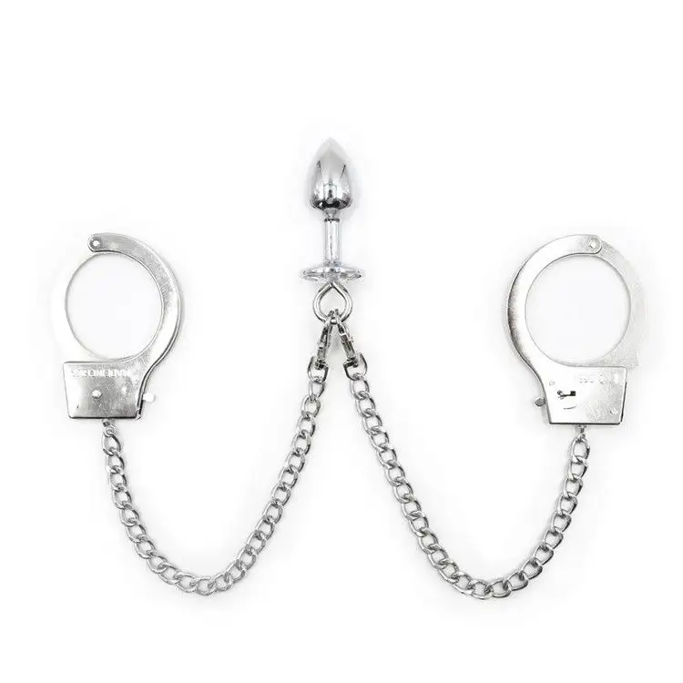 Jouets de cour en forme de M Menottes à plug anal en métal avec engrenage de bondage à chaîne pour esclaves féminines Accessoires amusants pour le jeu de plug anal