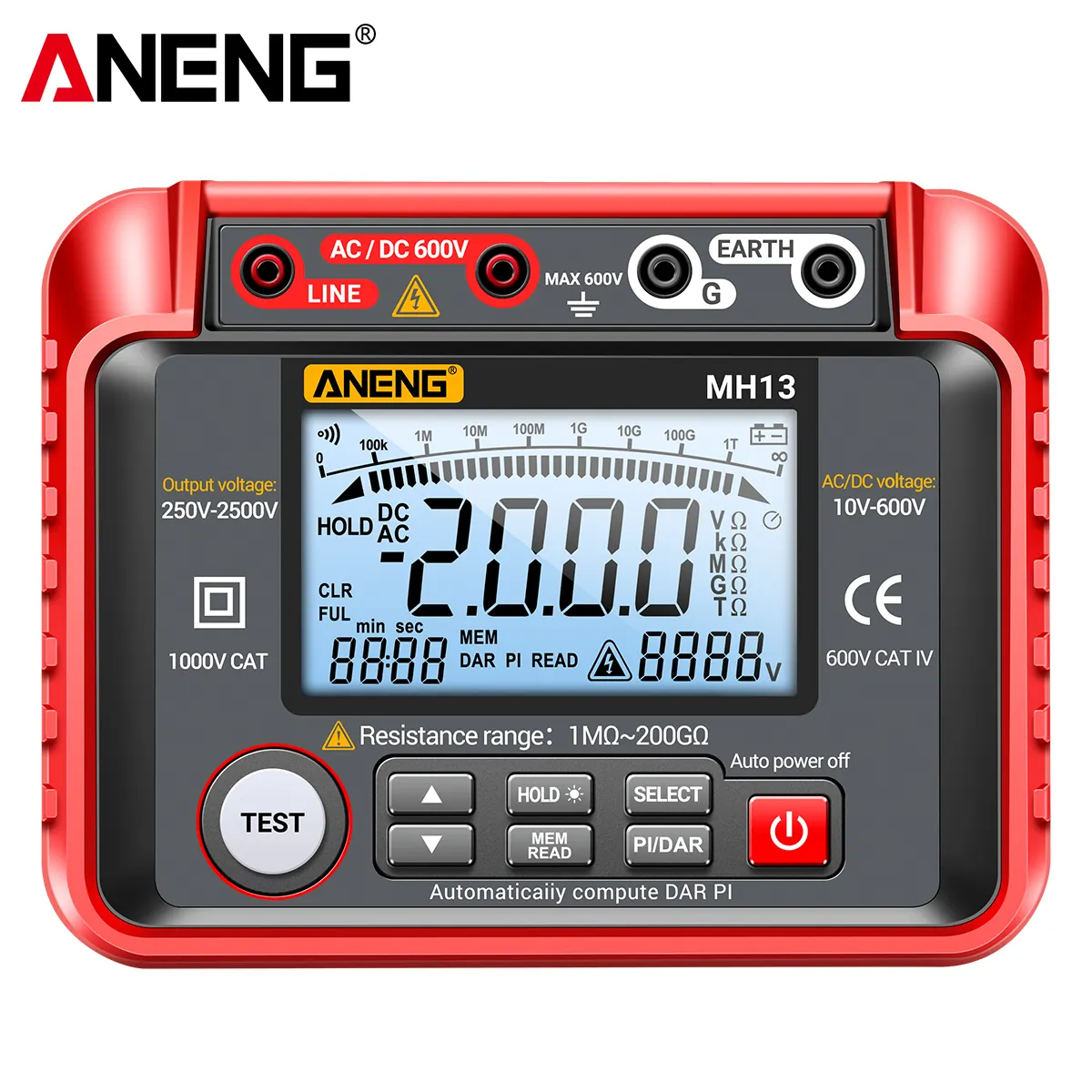 ANENG MH13 Ohm Tester Multímetro digital Aislamiento Tierra Alto voltaje 2000 Recuento Medidor de resistencia Probador Megóhmetro Herramienta