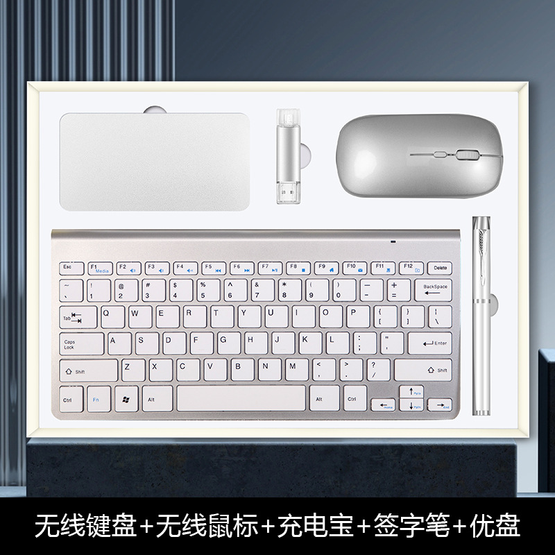Silver-keyboard mouse power u disk pen 5-piece set