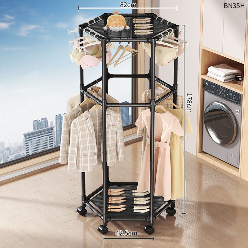 Black hexagonal double-layer mesh clothes rack