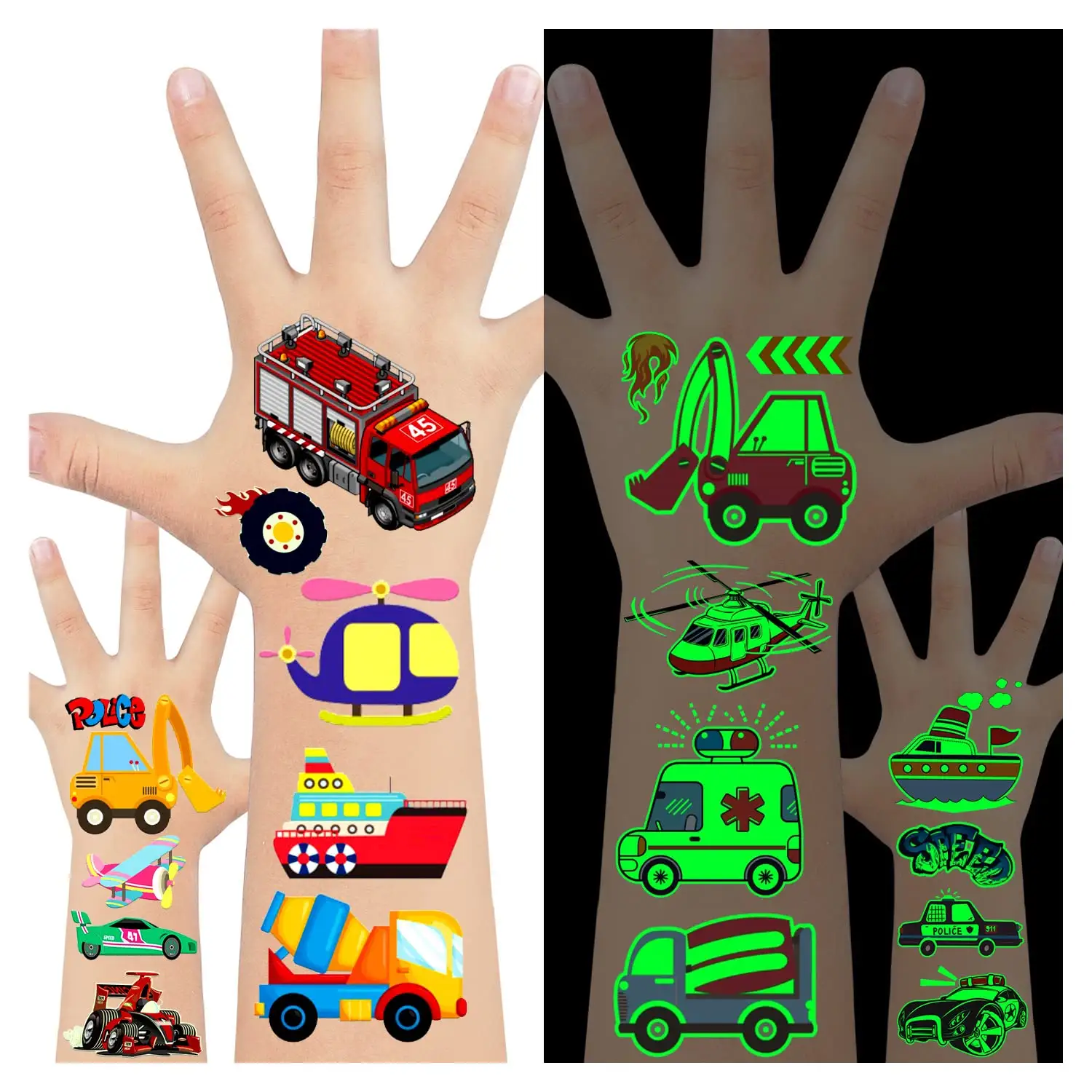 Tatuaggi temporanei per auto per bambini trasporto camion bagliore in tatuaggi scuri adesivi veicolo da costruzione forniture per feste di compleanno F