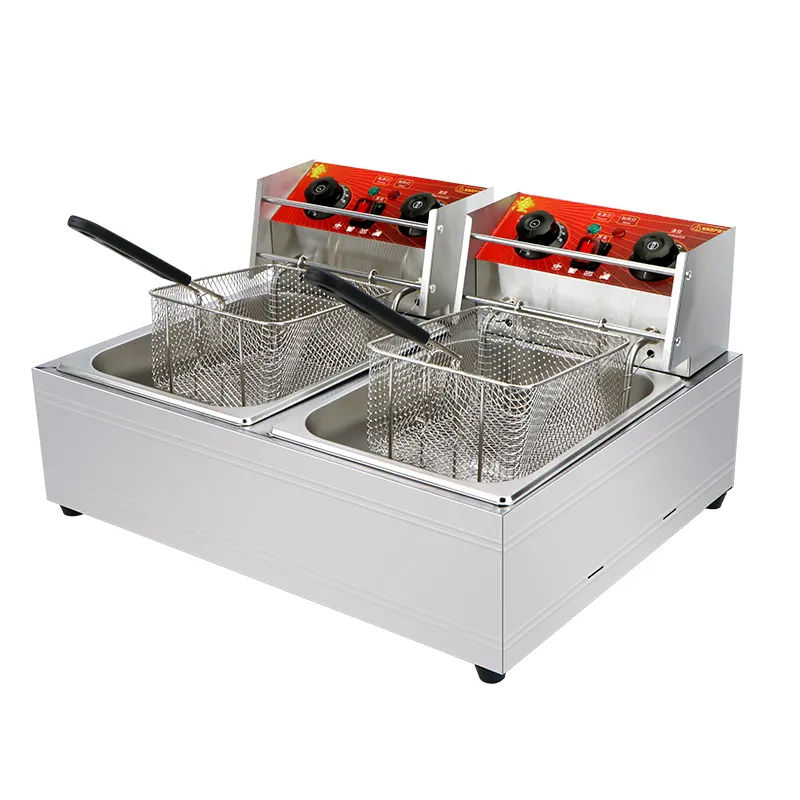 Freidora eléctrica de patatas fritas de acero inoxidable, 2 tanques, 2 cestas, Comercial