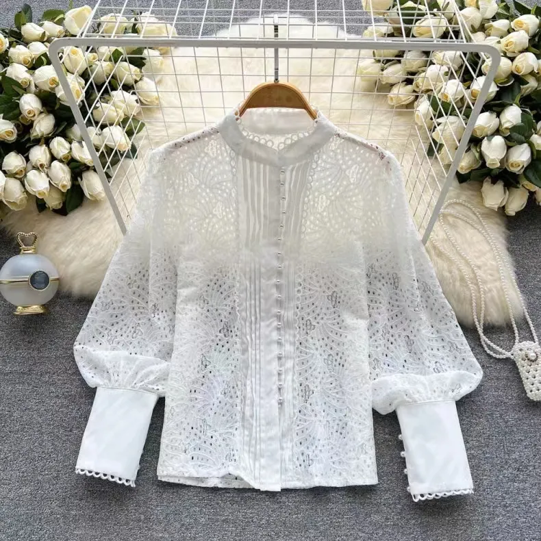Wholesale Clothing 2023 Autumn New Temperament Fashion Bottoming Ladies Blouses Cutout Long Sleeve Top Lace Women Shirt