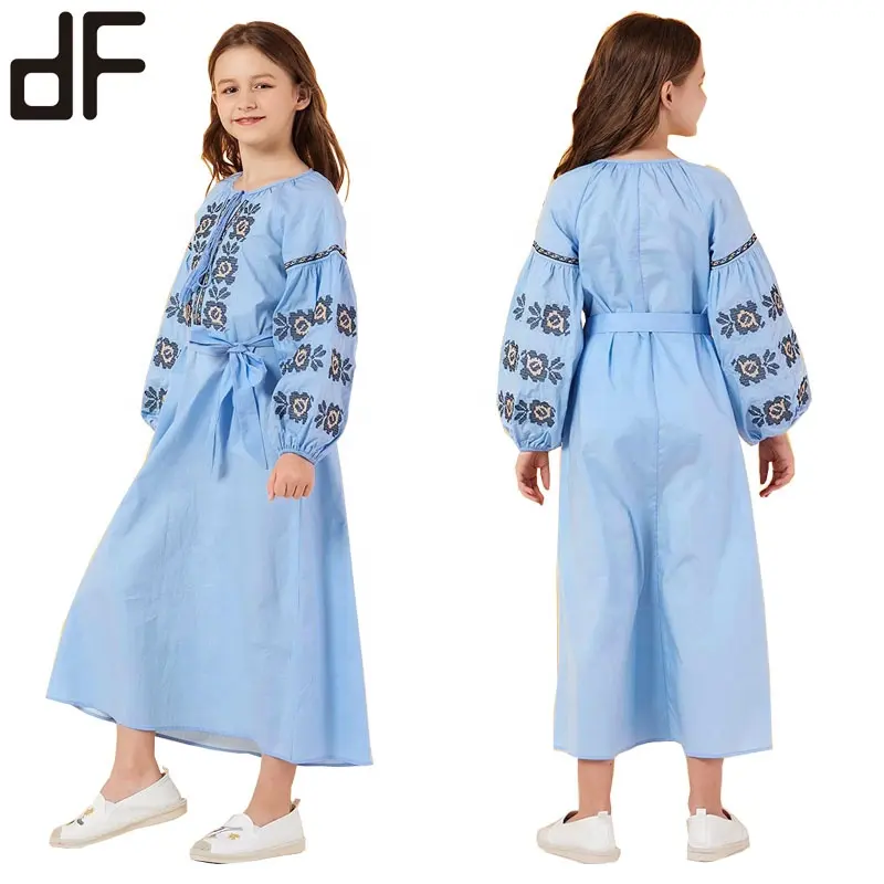 OEM pamuk açık mavi nakış uzun kollu elbise müslüman rahat elbise islami elbise Abaya arap müslüman çocuk kız elbise