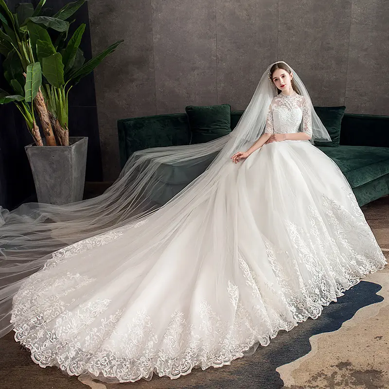 Grande cauda nova noiva vestido de casamento mais recente branco vestidos de casamento
