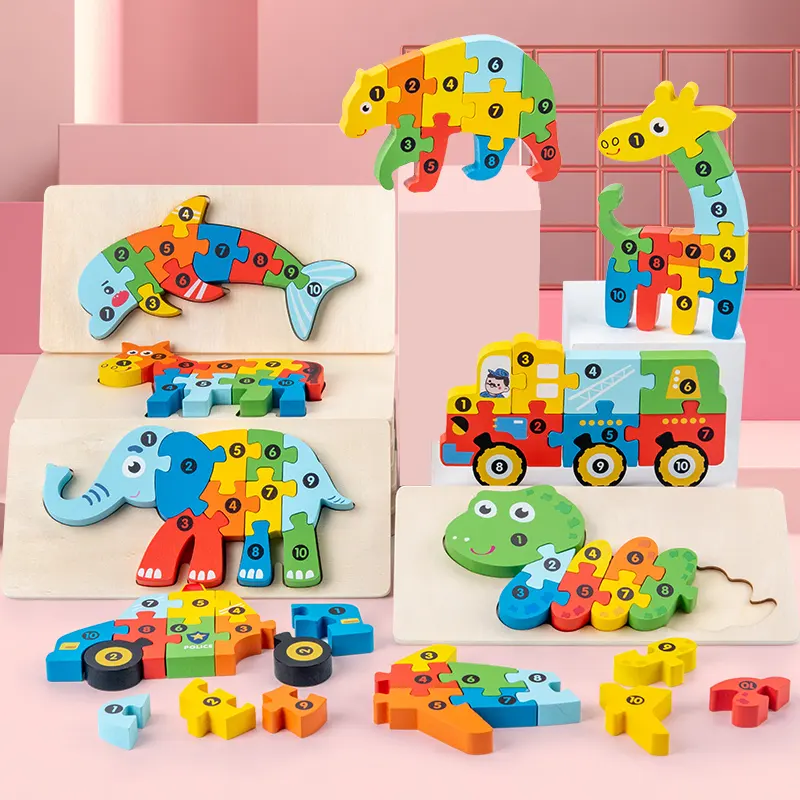Casse-tête 3D en bois personnalisé pour enfants Jouets de puzzle pour enfants Cartoon Animal Vehicle Wood Toddler Puzzles