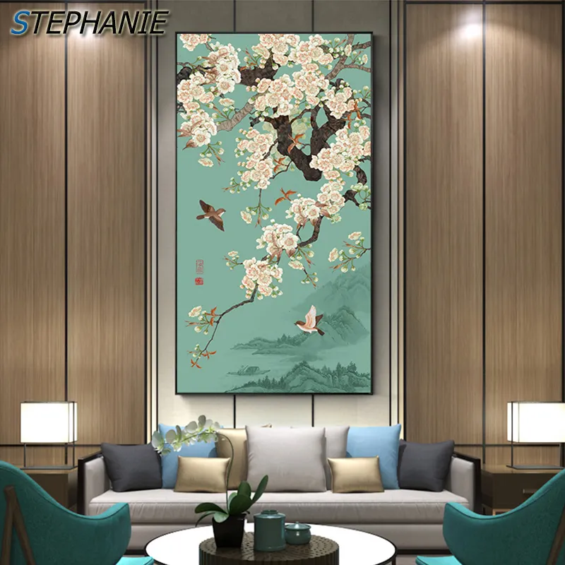 Pintura en lienzo de Ginkgo con flor y pájaro para sala de estar y cocina, póster grande de planta bonita, N estampado, arte abstracto, imagen de pared