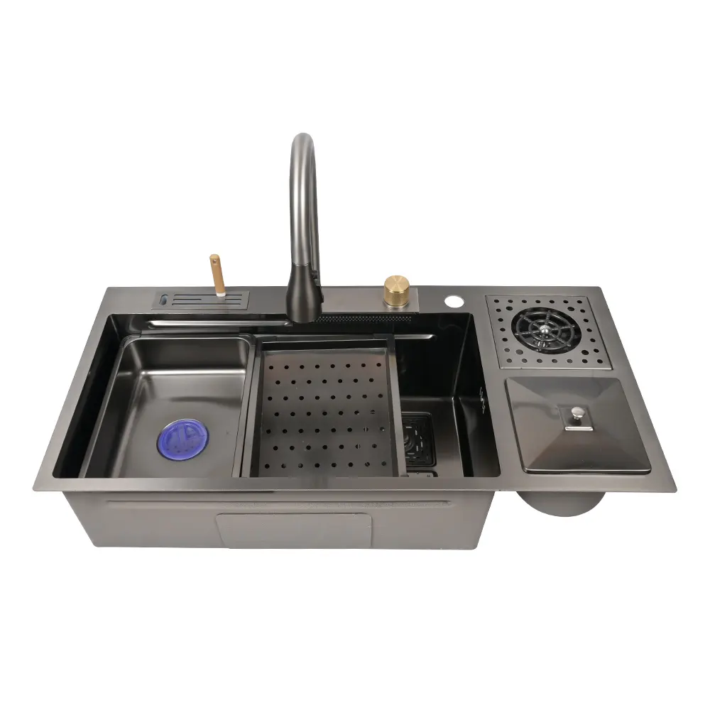 Voriva luxo Cachoeira Cozinha Pia de aço inoxidável china quinta pia Big Single Bowl com Prato Rack Under Mount Sinks