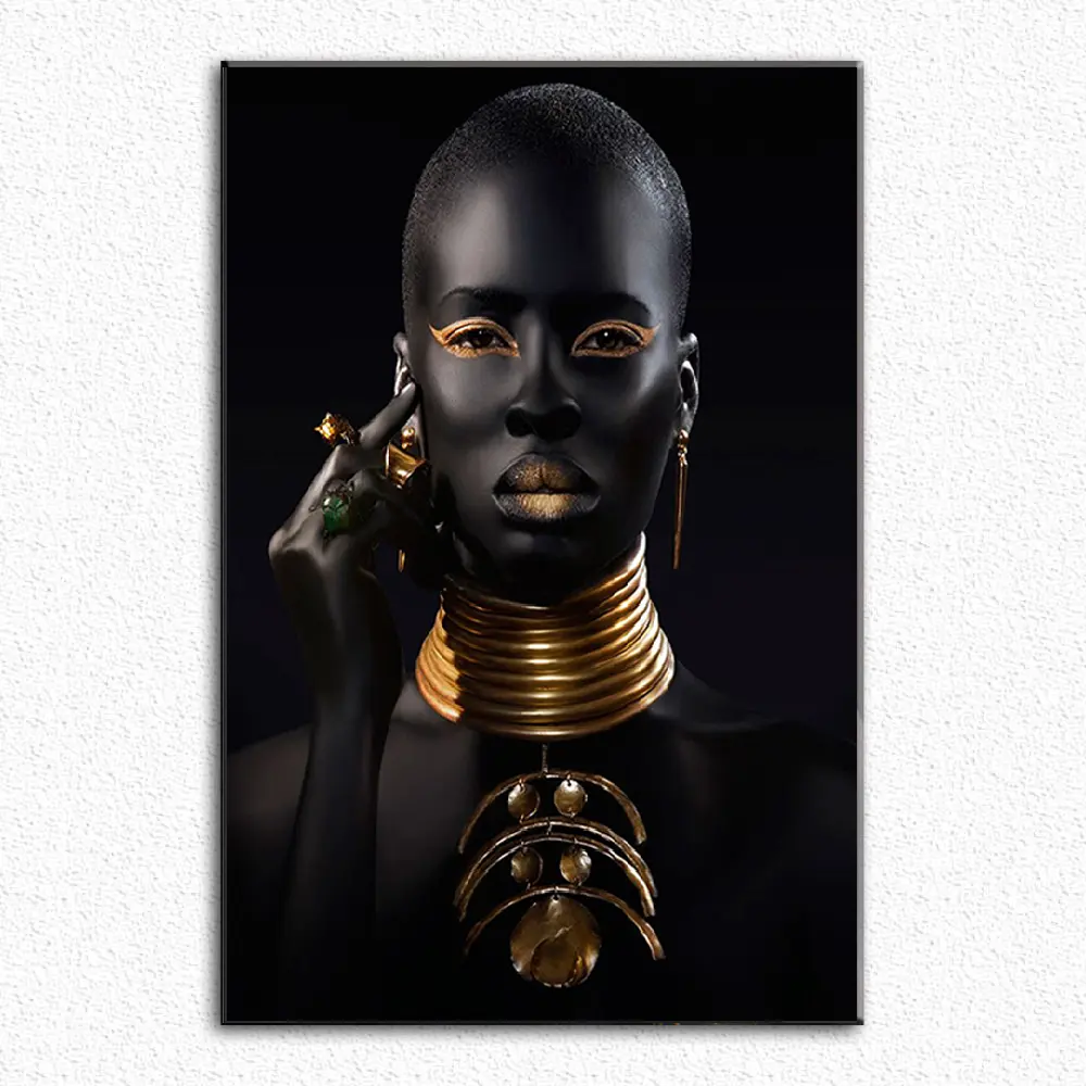 Arte africano Preto e Mulher com Colar de Ouro sobre Tela Pintura e Cartazes de Parede Imagem Sala de estar