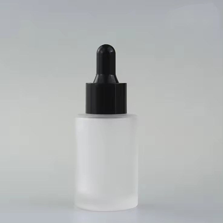 Botella esmerilada + anillo de plástico negro + cabezal de goma negro