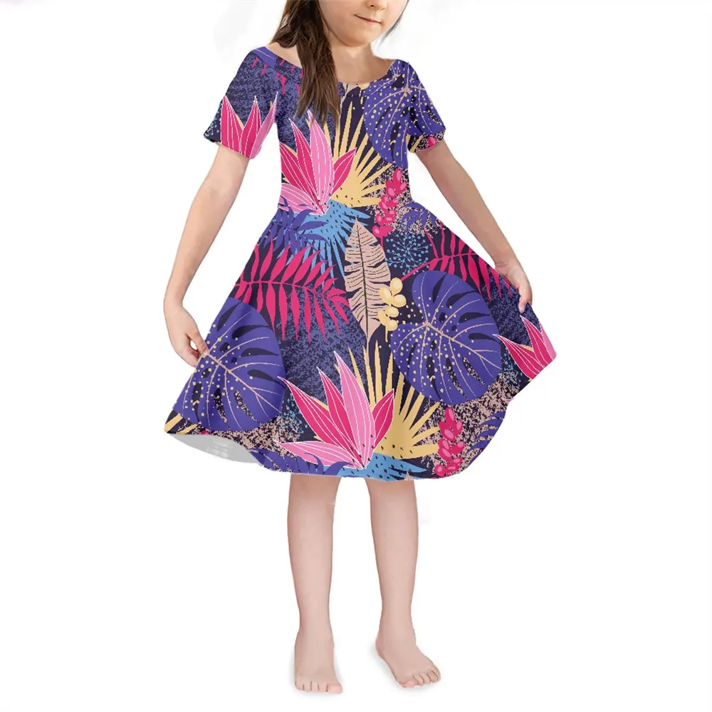 Print On Demand Kids Girls Party Dresses Summer Girl Girdle Knee Length Dress Hawaiian Monster Leaves Kids Short Sleeve Dress