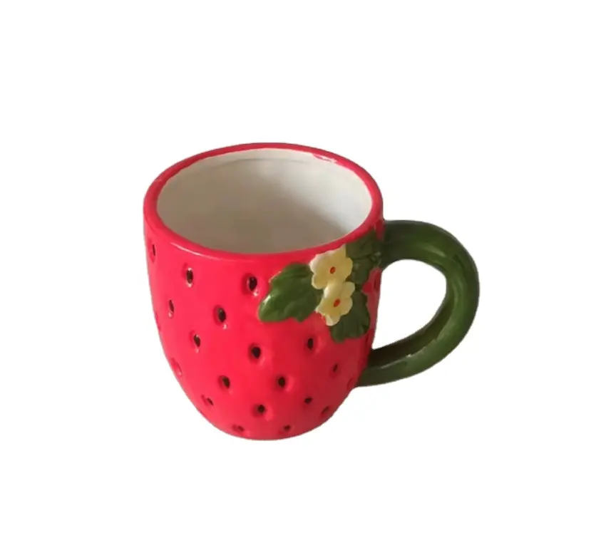 فناجين قهوة سيراميك للفواكه ثلاثية الأبعاد مخصصة، فنجان سيراميك على شكل فراولة حمراء للزينة