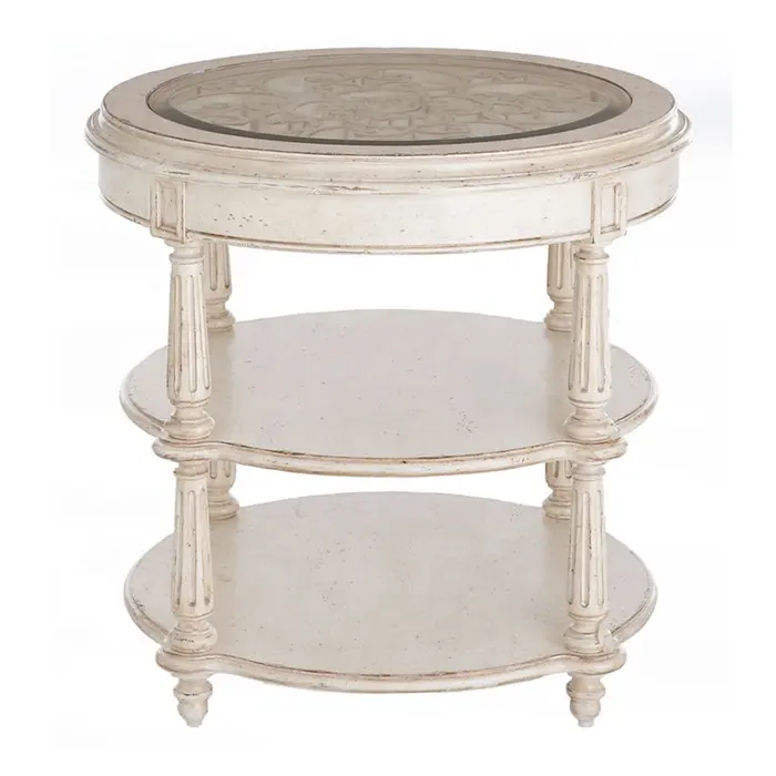 Avrupa saf el oyma cam ahşap antika beyaz yuvarlak yan masa oturma odası mobilya