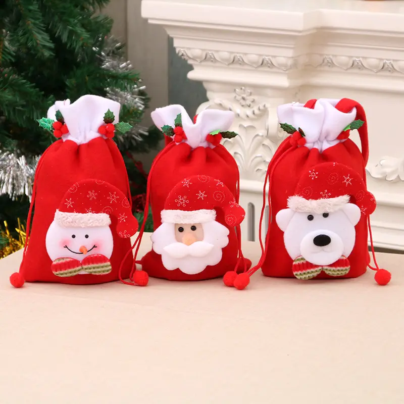 Tas serut kualitas baik, tas Apple Natal bahan flanel desain boneka salju Santa Claus