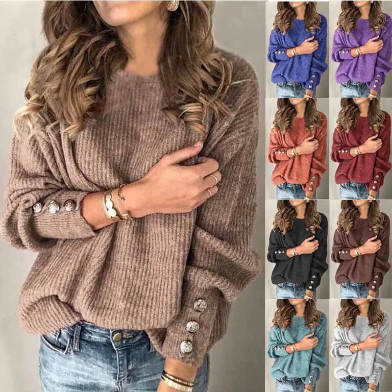 S-5XL Mulheres O-pescoço Pulôver De Malha Tops Botão Boho Plus Size Casual Manga Longa Puxar Blusas Sólidas Femininas Pullovers Malhas