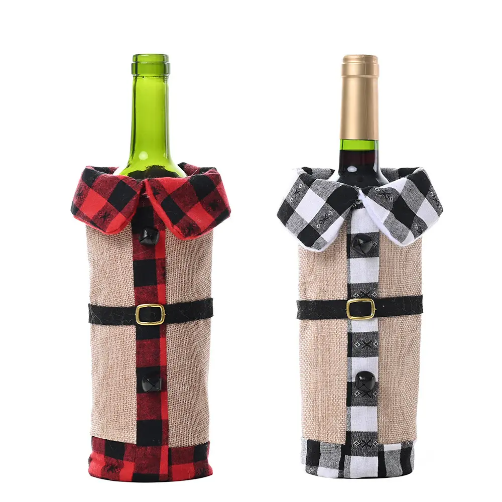 Dekorasi meja makan malam Natal, tas penutup botol anggur kotak-kotak banteng merah hitam Linen, Hadiah Dekorasi