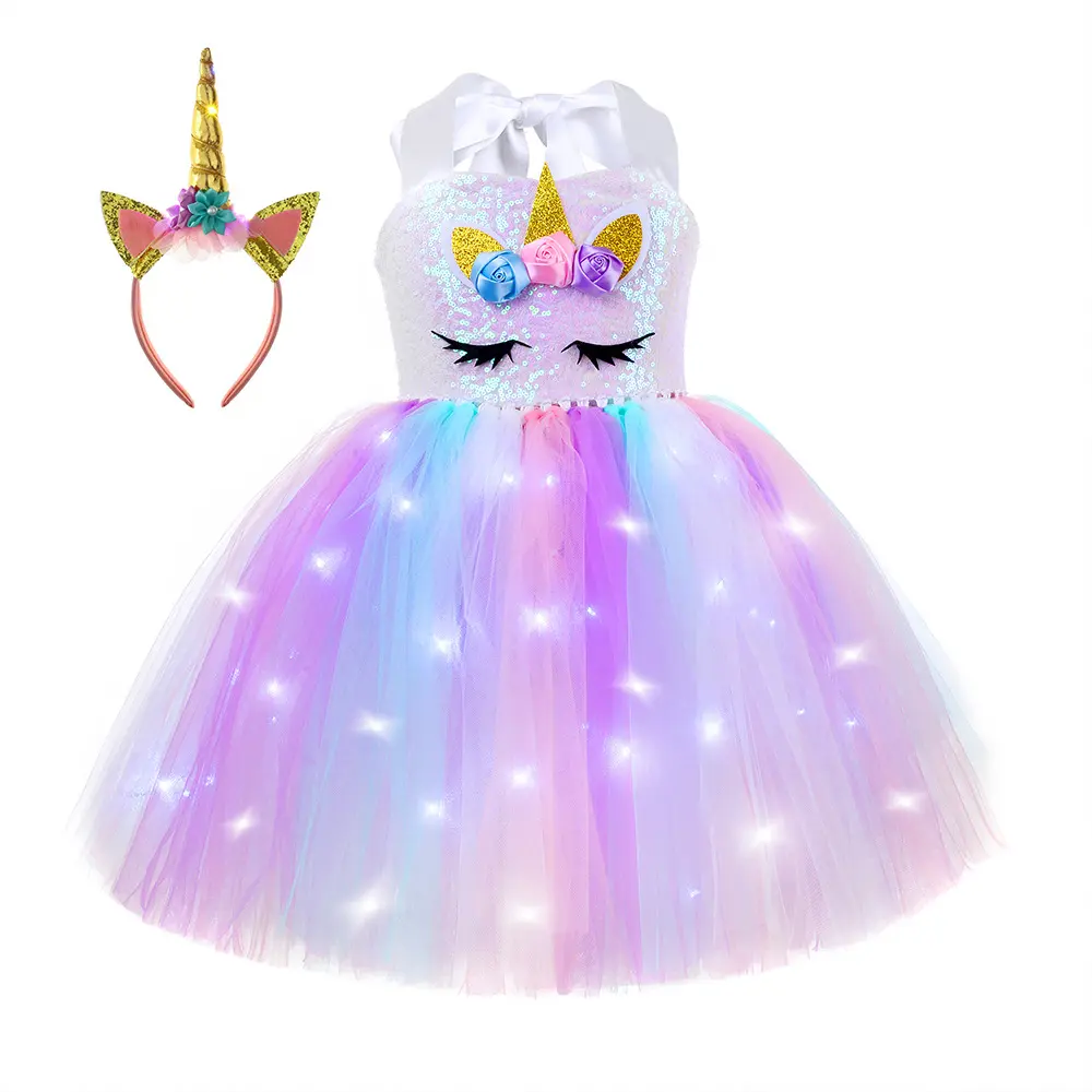 BAIGE Rainbow Led luce unicorno Tutu abito da principessa festa di compleanno abiti per ragazze stelle marine Costume da sirena Cosplay di Halloween